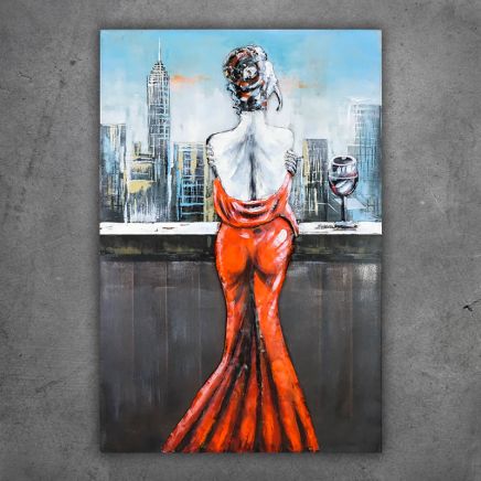 obraz metalowy 3d do salonu kobieta w czerwonej sukience