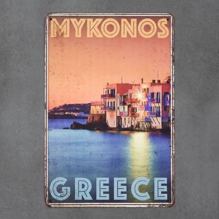 plakat metalowy z napisem mykonos retro