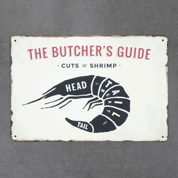 Tabliczka dekoracyjna metalowa THE BUTCHERS GUIDE SHRIMP