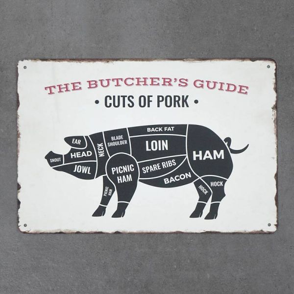 Tabliczka dekoracyjna metalowa THE BUTCHERS GUIDE PORK