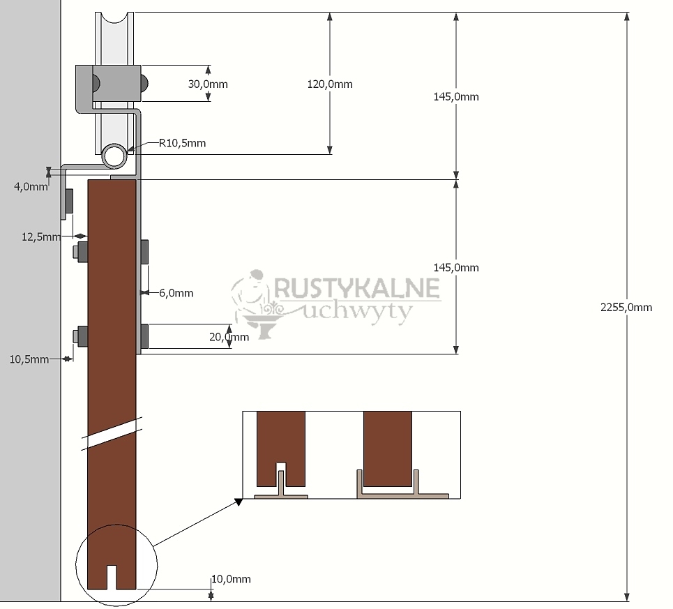 schemat prowadnicy barn doors rysunek techniczny prowadnicy barn doors